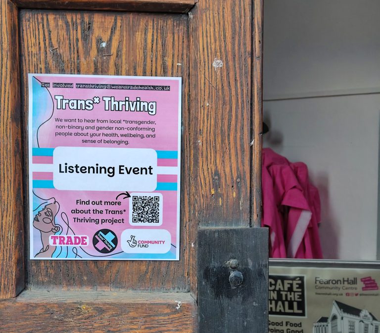 A poster for a Trans*Thriving listening event advertised on a venue door.